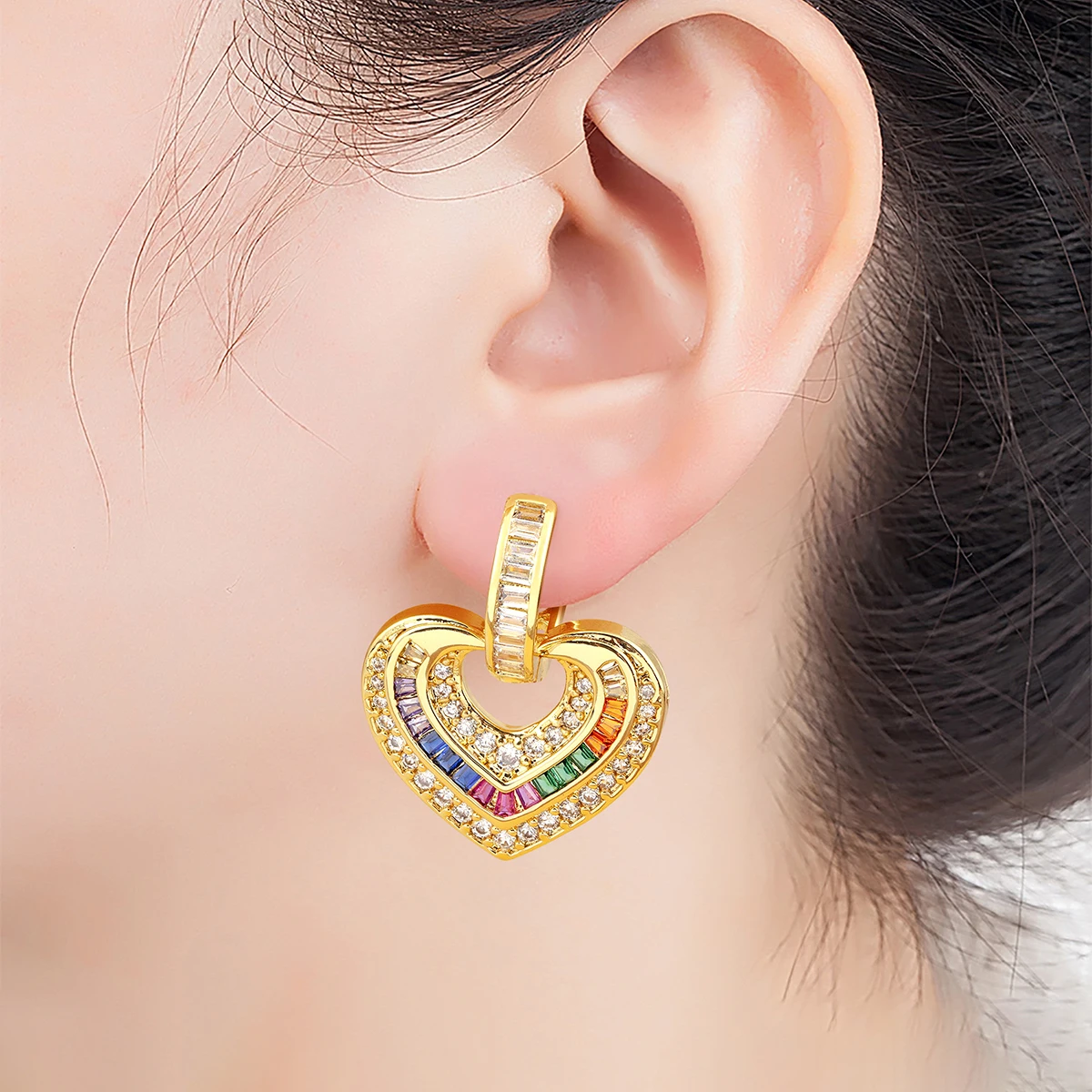 Nidin High Quality Love Heart Shape Shine Zircon Hoop Earrings 3 Colors For Women Female Wedding Party Delicate Ear Jewelry Gift
