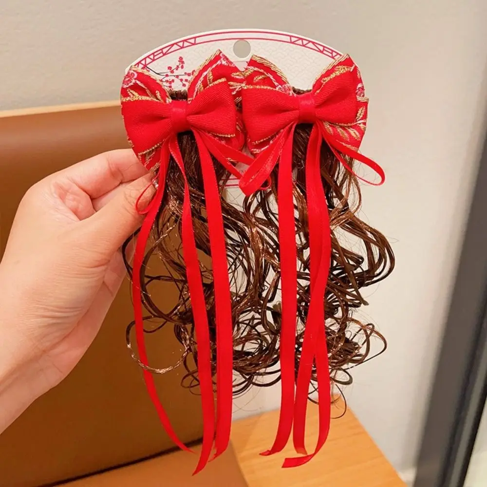 2pcs Chinese Style Baby Wig Hairpin Curly Hair Fluffy Children's Bow Wig Cute Sweet Red Bowknot Hairclip New Year Festive