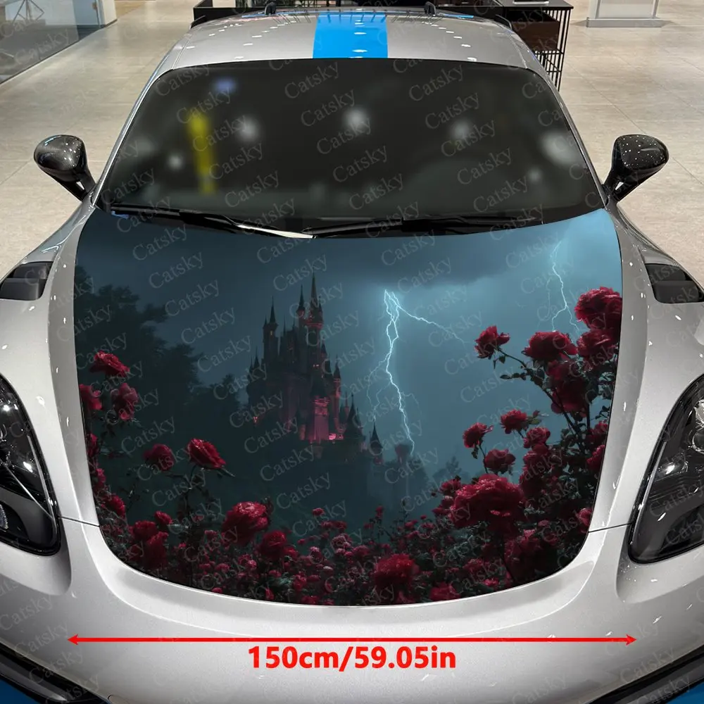 Rose And Blood Moon Castle Car Hood Decorative Stickers. It Enhances The Aesthetic Of The Vehicle And Can Be Easily Applied To M