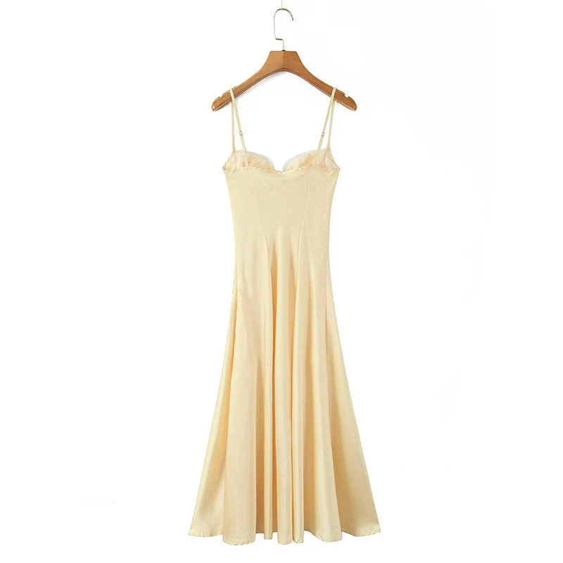 Abiti da festa in raso giallo midi a trapezio con spalline alla moda da donna eleganti e sexy