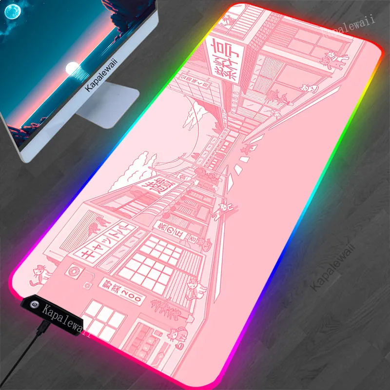 Pink Street RGB Mouse Pad Gamer Large Kawaii Cute XXL Gaming Mousepad Gamer Computer Desk Mat Padmouse LED Light Mouse Mat 90x40