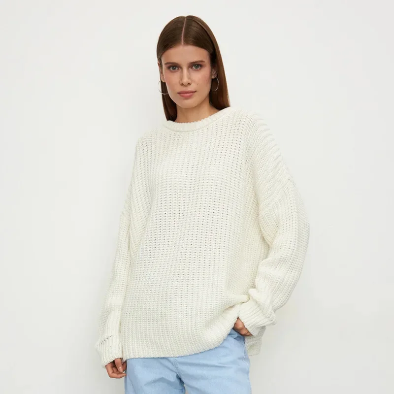 2025 Women Oversized Crew Neck Lantern Sleeve Waffle Knit Pullover Casual Loose Sweater Autumn Winter Fashion New Long Sleeve