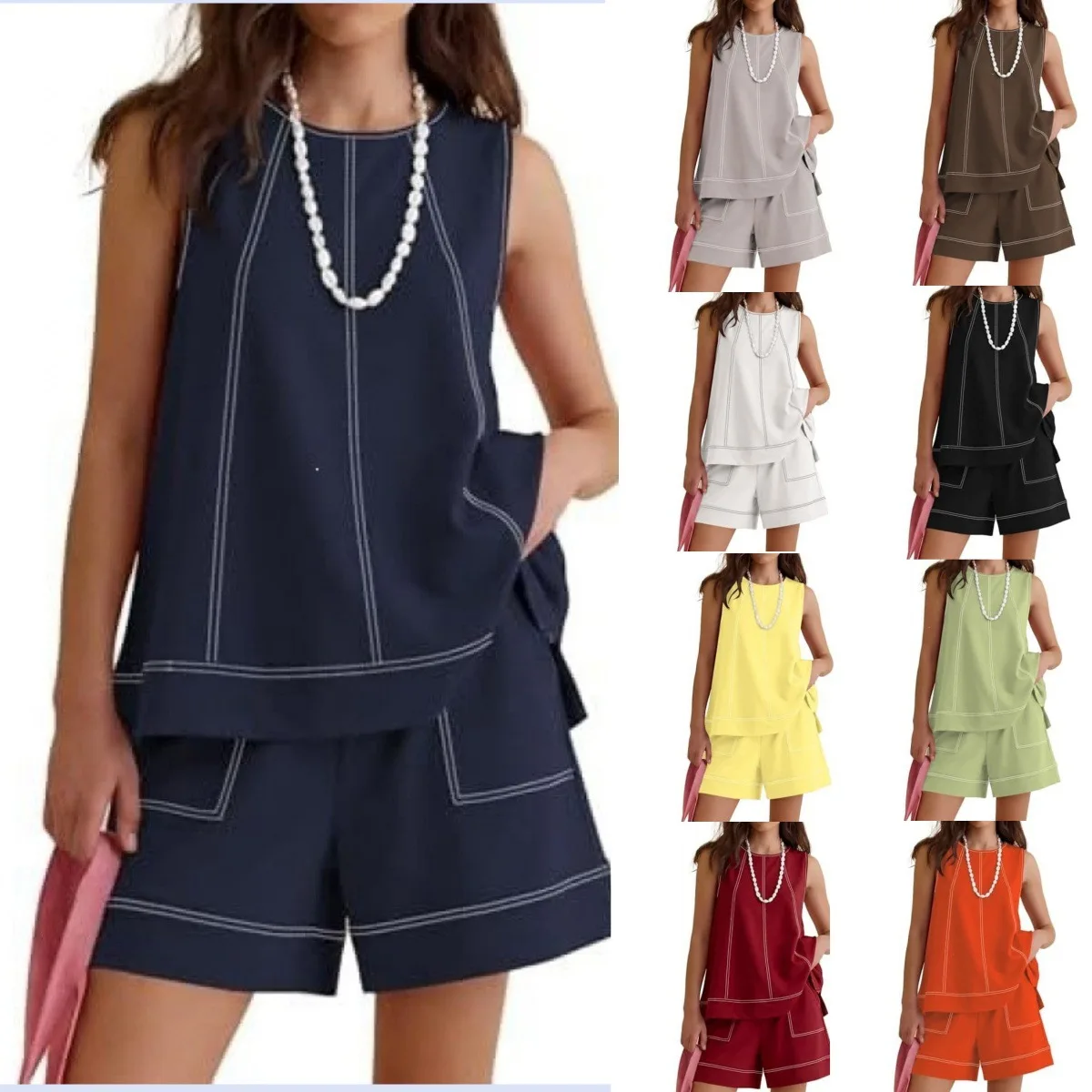 

Spring Summer Women Two-Piece Shorts Set Summer Round Neck Sleeveless Vest with Drawstring Elastic Waist and Pockets Sets