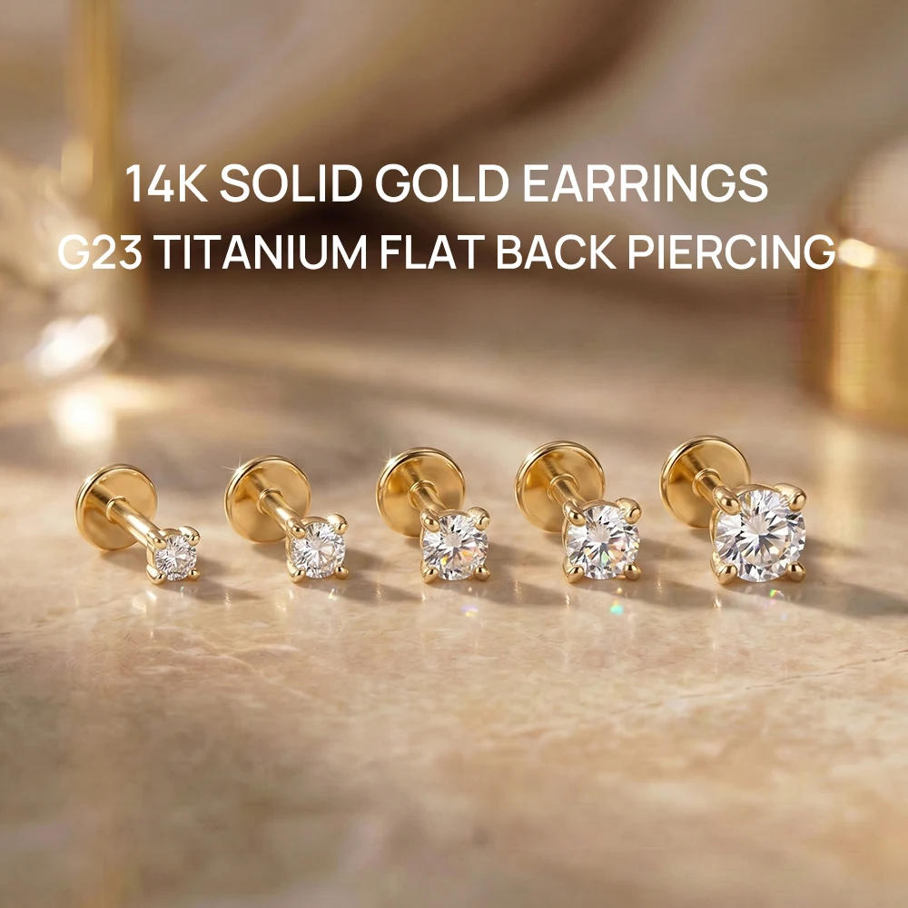 Women's 14K Solid Gold Flat Back Earrings, Hypoallergenic Gift