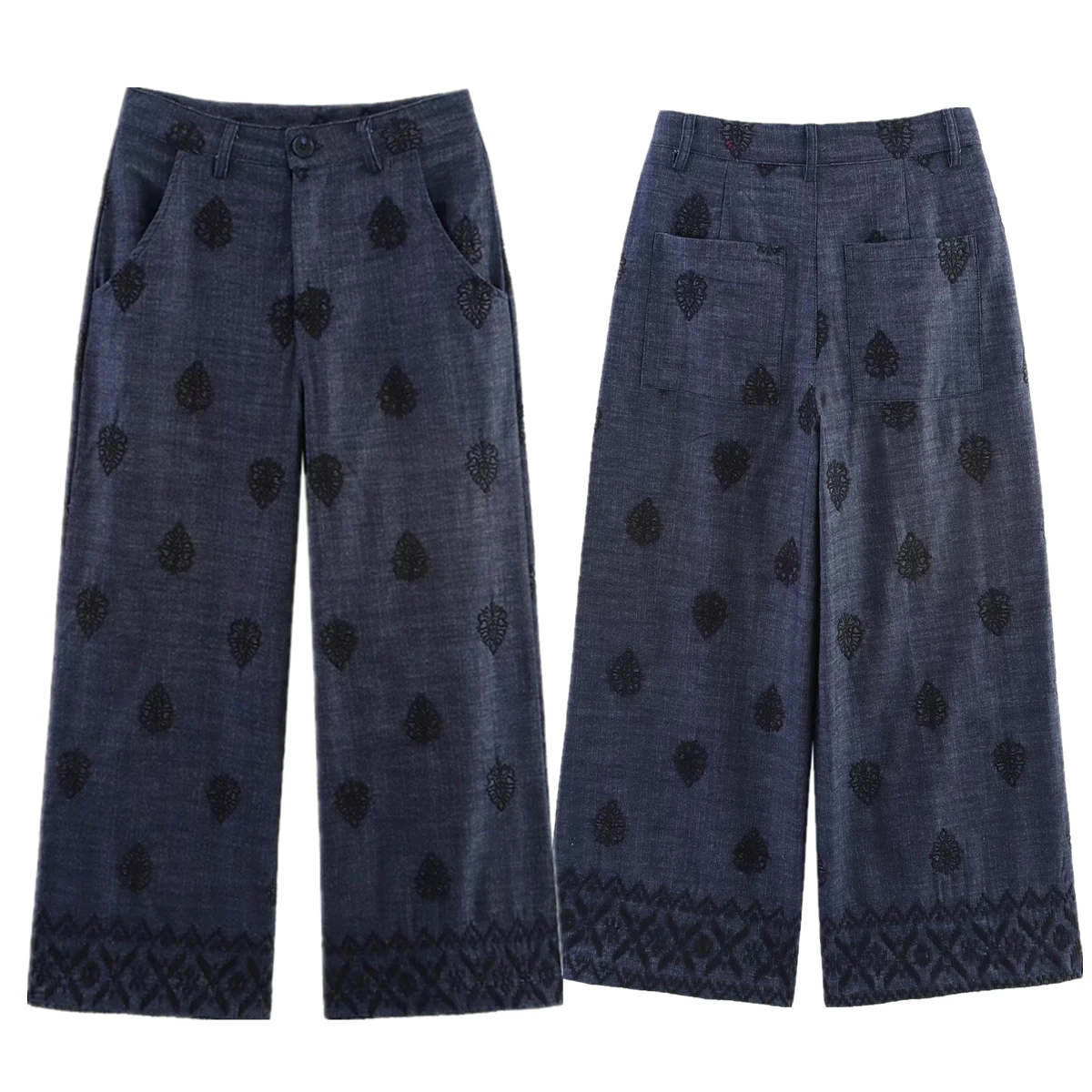 

Maxdutti French Minimalist Embroidered Wide Leg Pants Women Summer Cropped Pants Women's Casual Pants Trousers