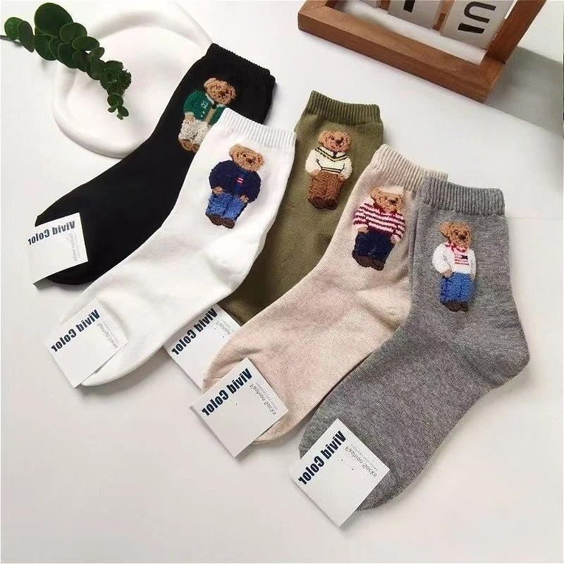 New Trendy Cartoon Bear Mid-Calf Cotton Socks for Women Casual Sweater Female Socks Comfortable Long Women Middle tube Socks image 2