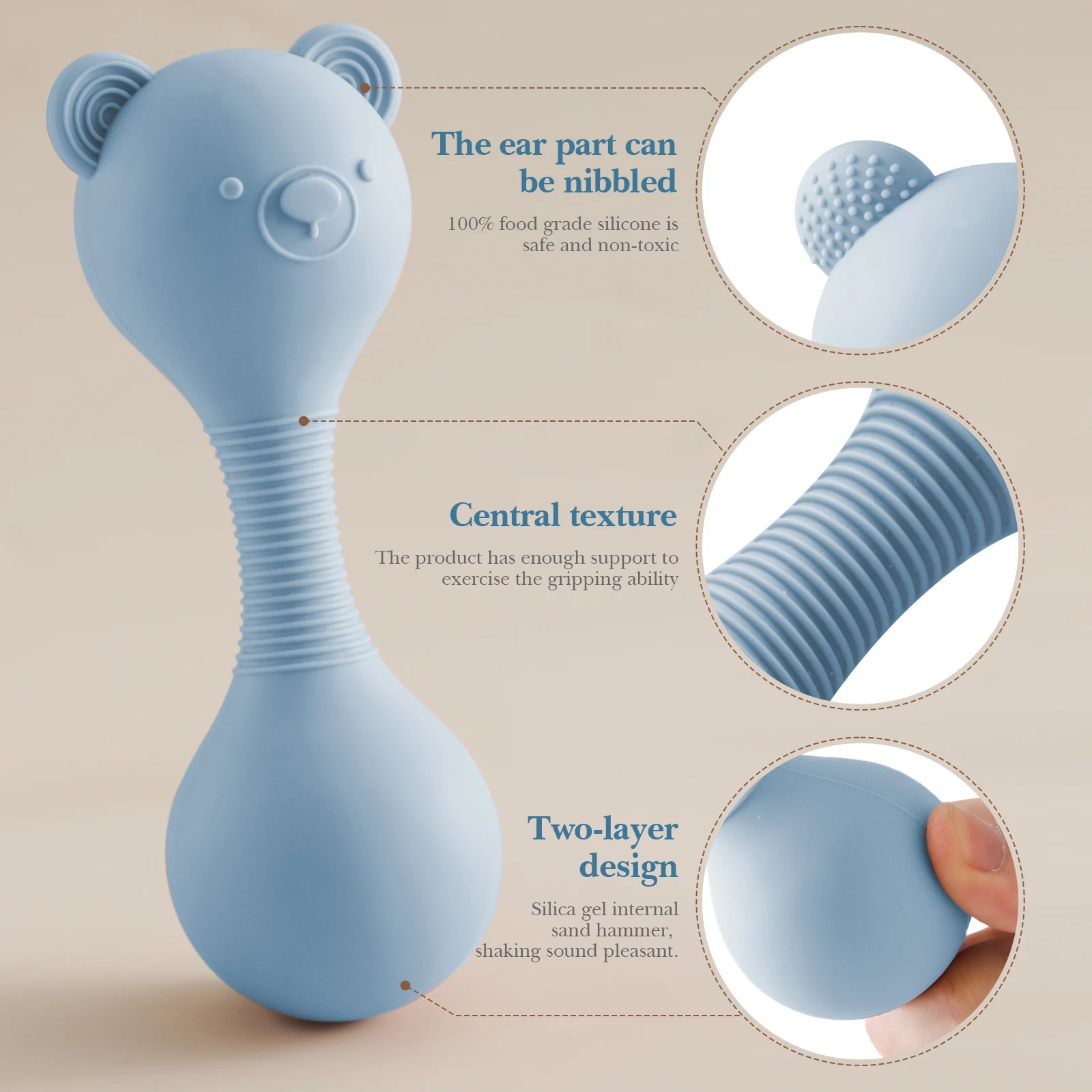 Babyrasseln aus Silikon, Maracas-Spielzeug, Cartoon-Bär Sandhammer, Babyspielzeug 0-12 Monate, Rassel-Silikon-Beißspielzeug als Babygeschenk – Detail 5