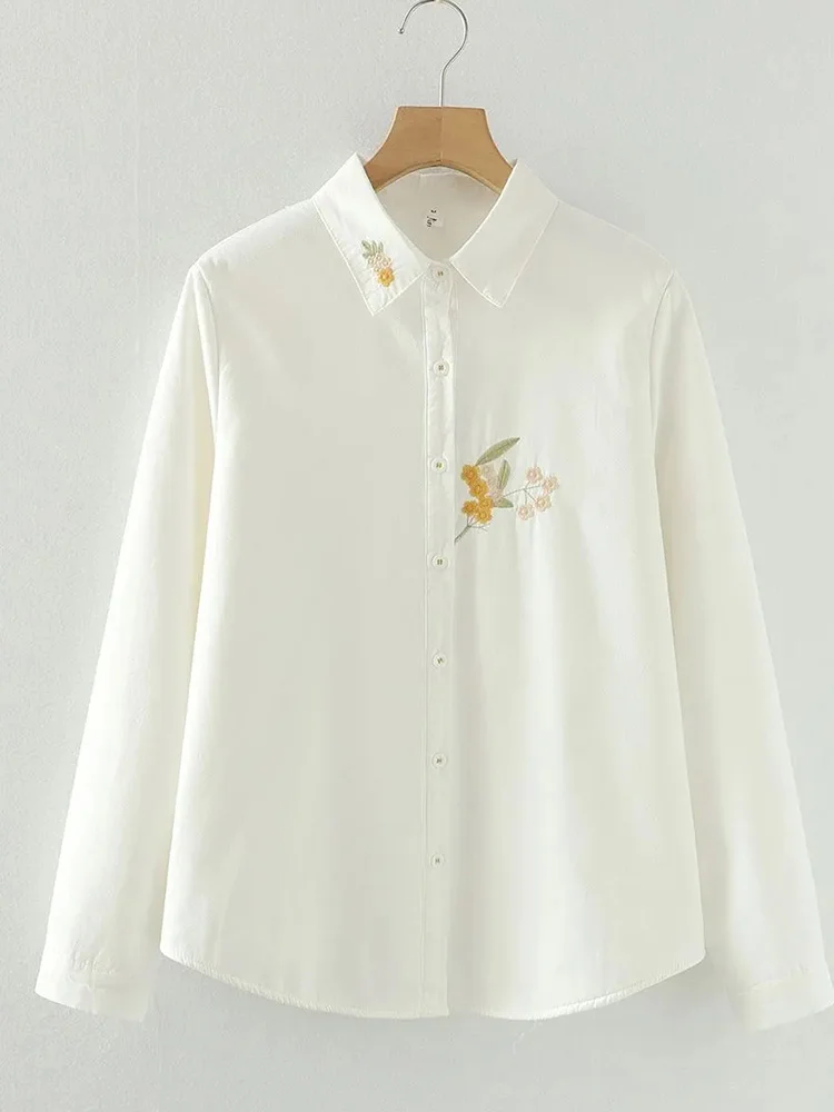 

Pure Cotton Floral White Shirts Women Slim Cute Long Sleeve Sweet Embroidery Blouse Japan Spring Preppy Style Vintage Female Top
