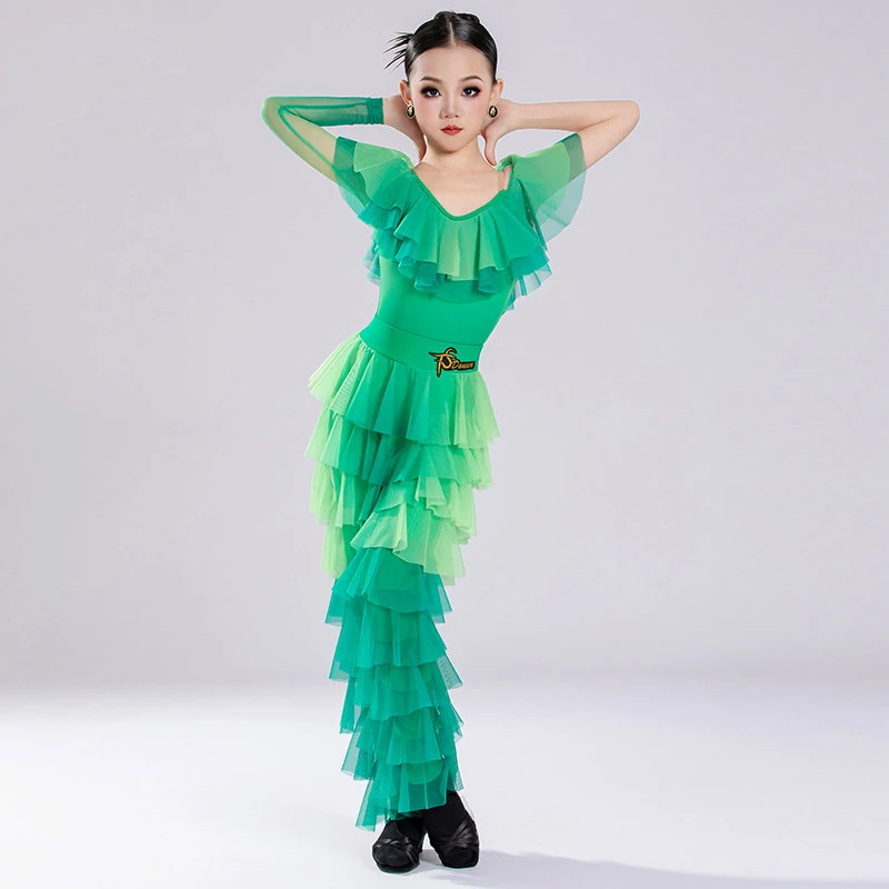 Gradient Color Latin Dance Ruffled Clothes Girls Ballroom Dance Competition Costumes Kids Cha Cha Latin Dancewear SL15416