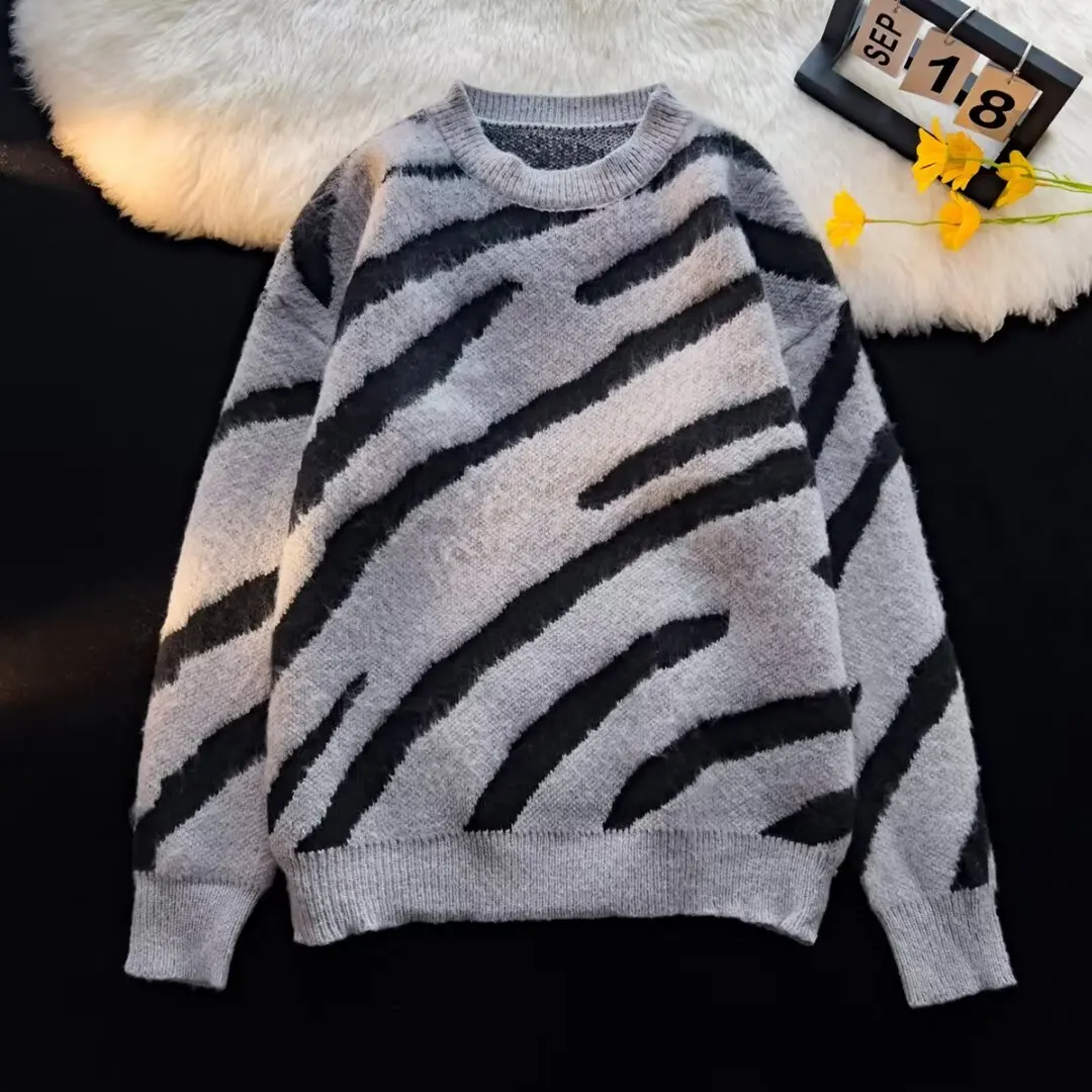 

Men's Oversized 250 Pou American Zebra Pattern Knitwear Loose Fit Winter Long Sve Baseball Collar Stripe Sle Outerwear