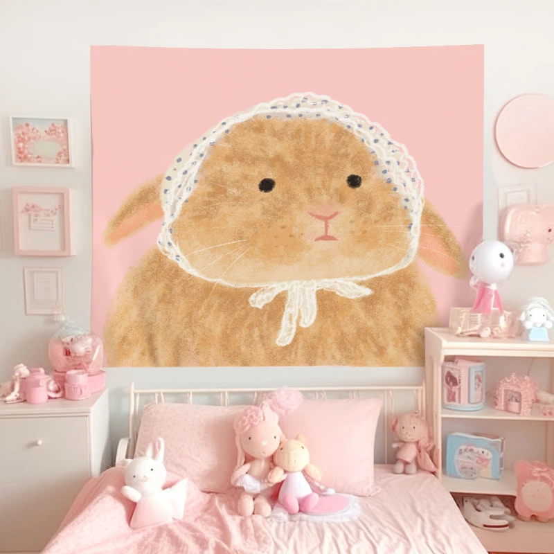 VIKAMA Cute Sleeping Bunny Tapestry Wall Hanging Watercolor Soft Pink Bow Kawaii Animal Aesthetic Wall Art Nursery Decor