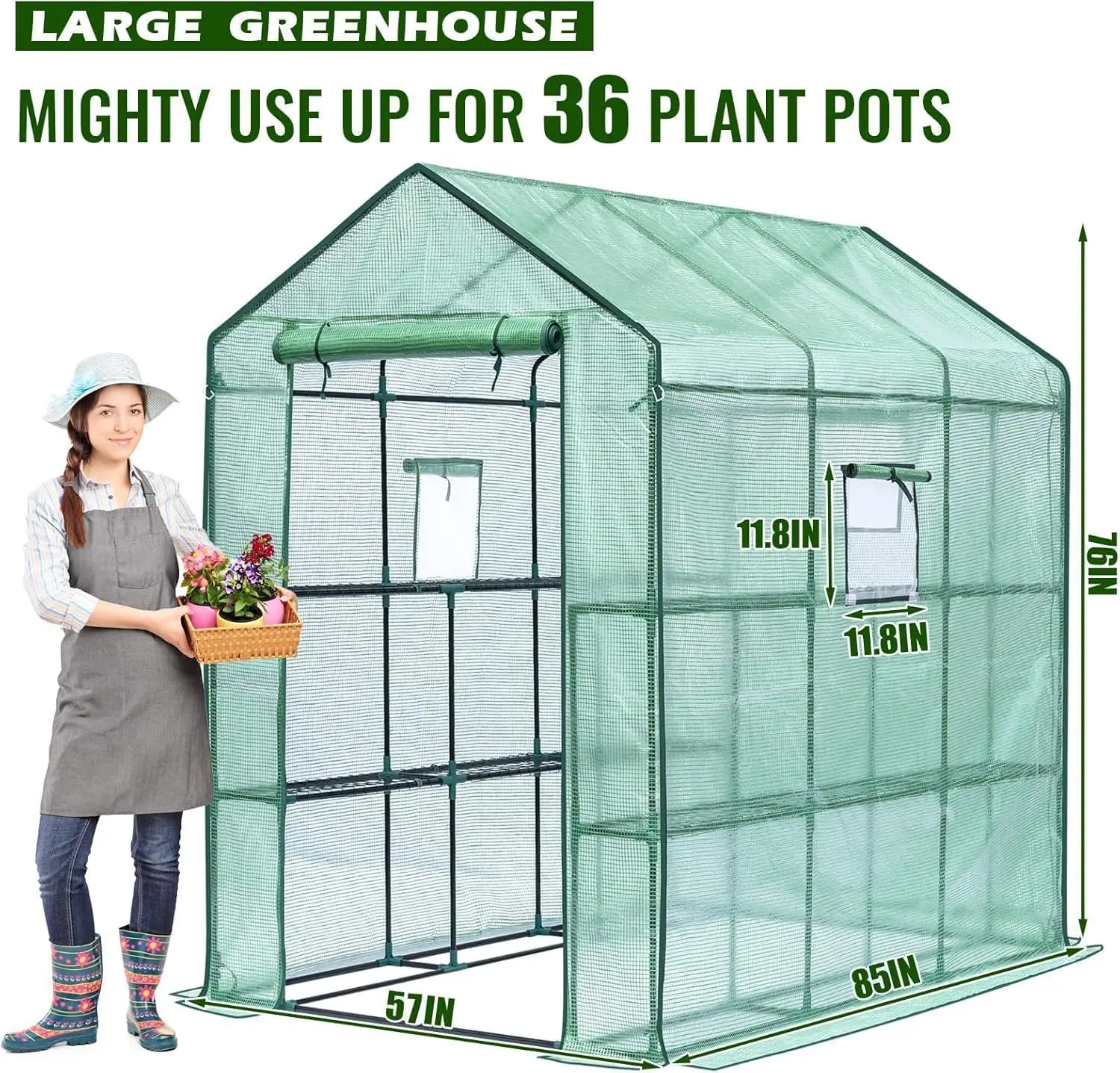 Greenhouse, 57 x 85 x 76'' Greenhouses for Outdoors, Portable Greenhouse with Mesh Side Windows, PE Cover, 8 Shelves, Heavy Duty