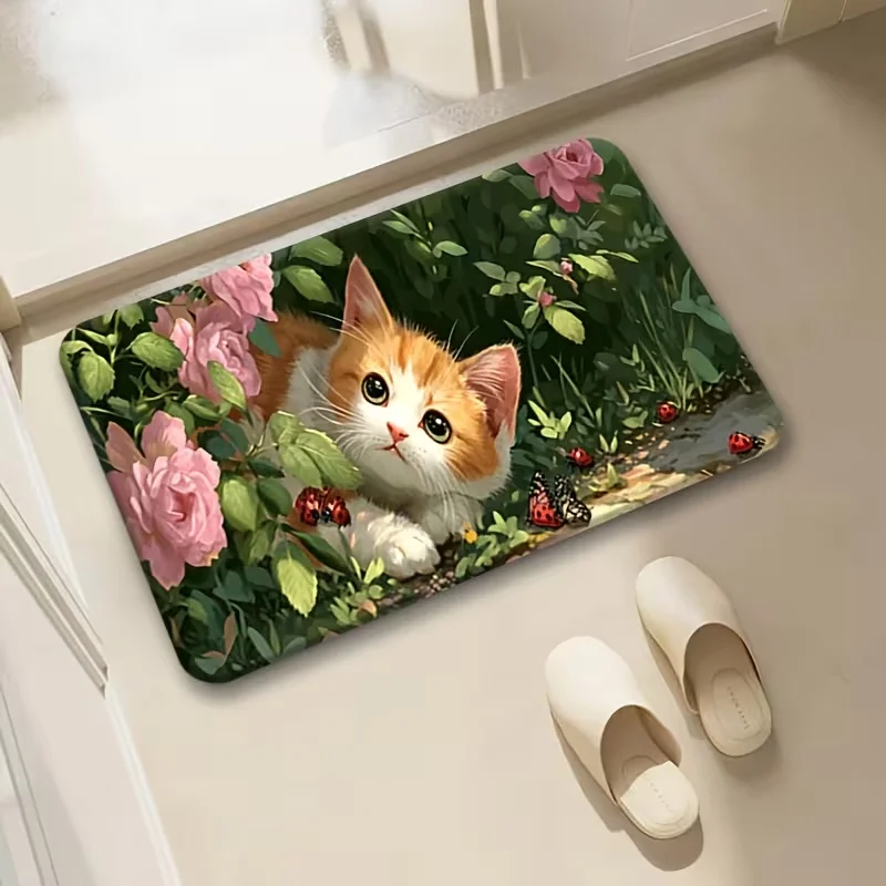 Oil Painting Orange Cat Pink Rose Garden Doormat Anti Slip Floor Mat Cute Animal Floral Front Entrance Mat