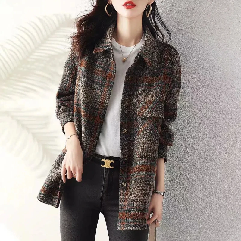 Women's Clothing Turn-down Collar Spring Autumn Contrast Color Button Long Sleeve Pockets Cardigan Coats Casual Jackets Tops