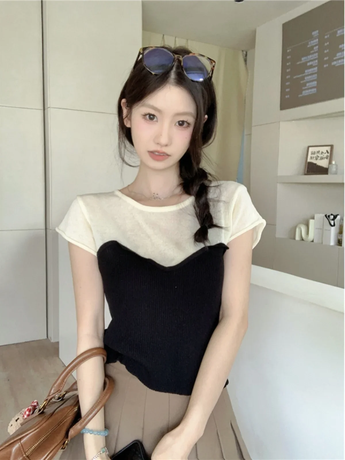 Short Sleeve T-shirts Women Patchwork Knitted Crop Casual Tops Sexy Temper Tender All-match Korean Style Slim Summer New Chic