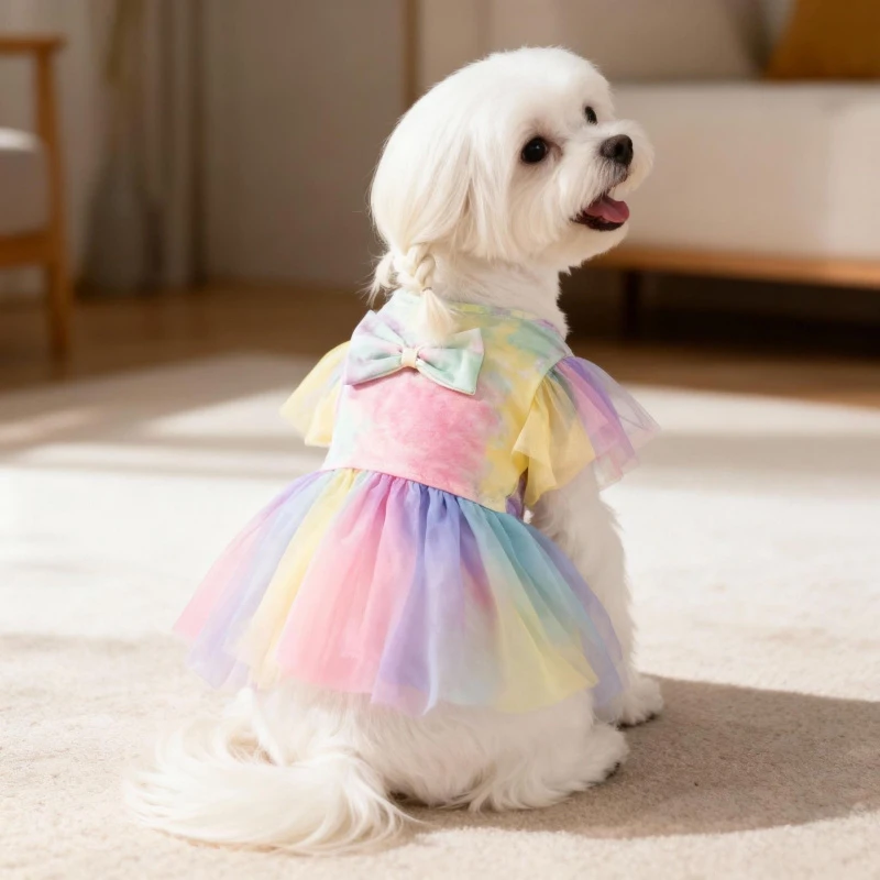 

Pet Spring Summer Dress T Shirt Set Bunny Ear Decor Colorful Tulle Outfit Cute Costume for Small Dog Puppy Princess Style