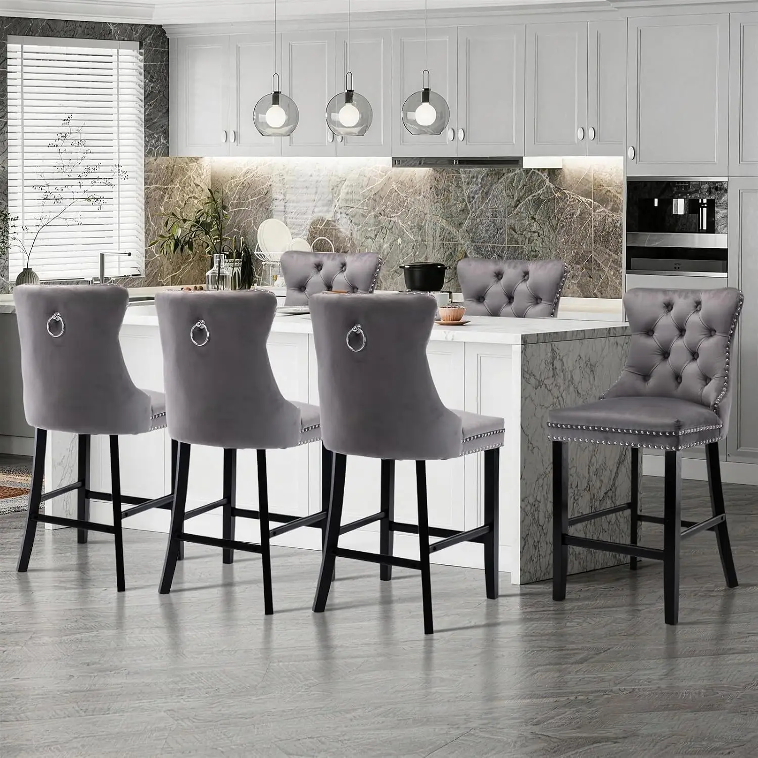 Velvet Bar Stools Set of 6 with Wood Legs Button Tufted Chrome Nailhead Counter Height Armless Dining Chairs, Customized