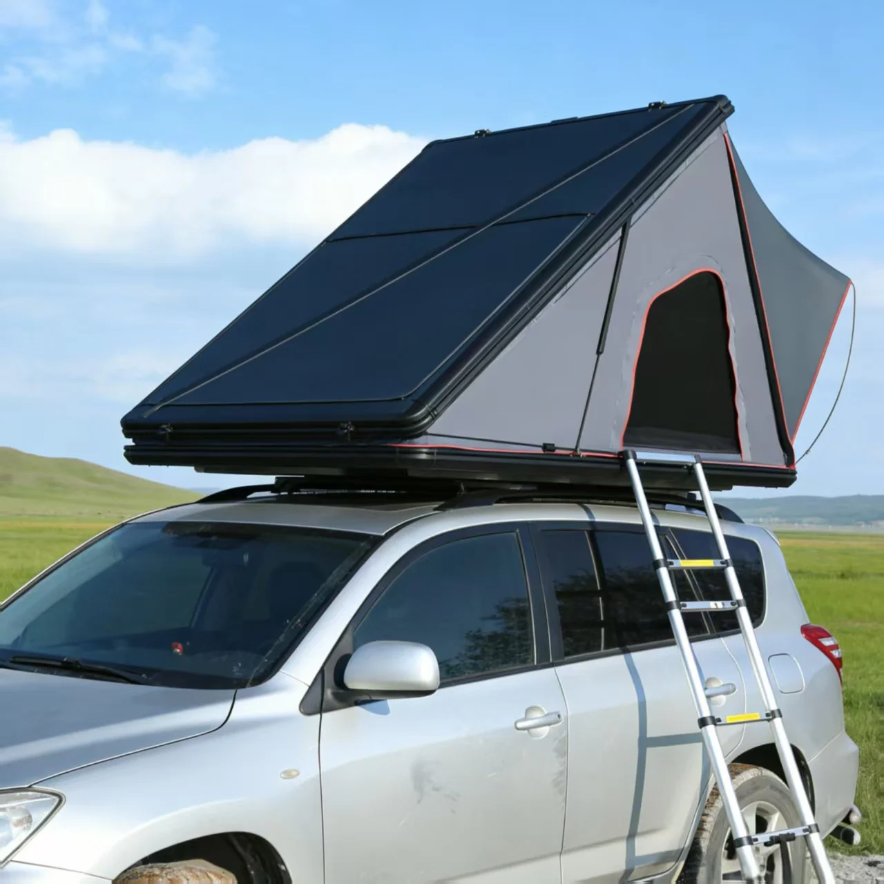 Outdoor Fully Automatic Roof Top Tent 2-3 Persons Ultralight Waterproof Triangular Hardtop Car Roof Top Tent for Self-Driving