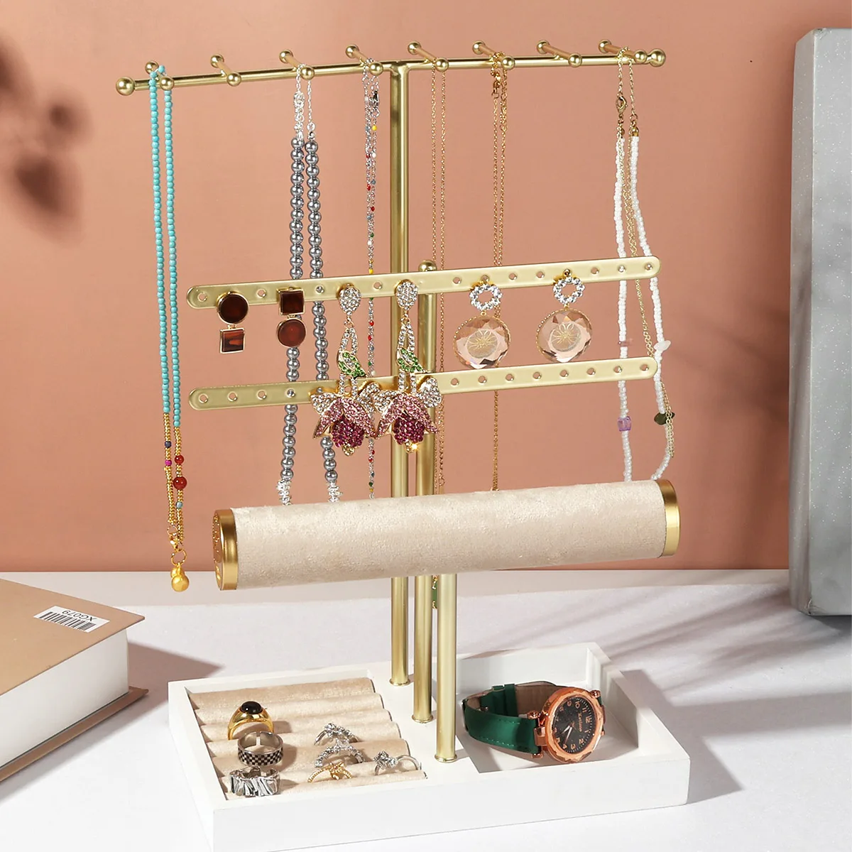 

Декоративная металлическая подставка для украшений в форме буквы Т с белым основанием для хранения и демонстрации