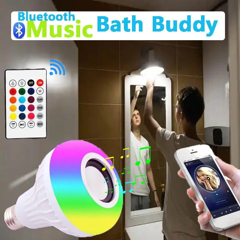 E27 Light Bulb with Bluetooth RGB Speaker Music Remote Control Bath Buddy LED Lamp for Bathroom Bedroom Home Holiday Decor Party