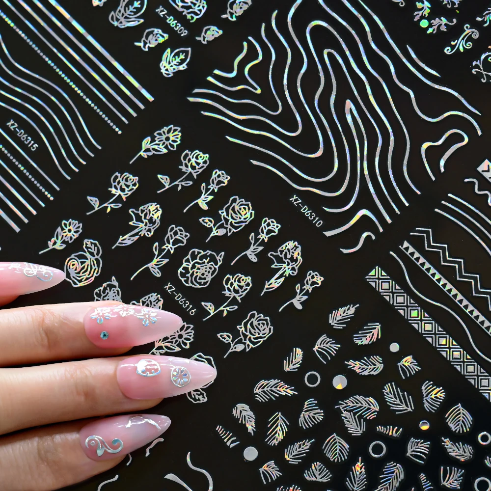 30Pcs Laser Silver French Line Flower Nail Art Stickers Self-Adhesive Elegant Geometric Retro Floral DIY Manicure, Salon Decals