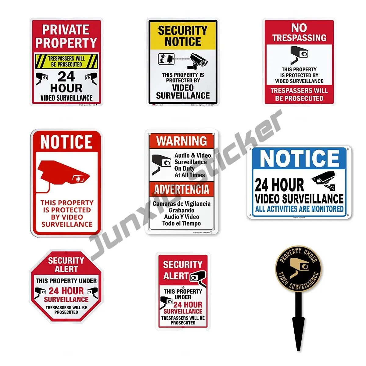 Video Surveillance Sign 24 Hour Surveillance, No Trespassing Decal Self Adhesive Indoor Waterproof Sunscreen