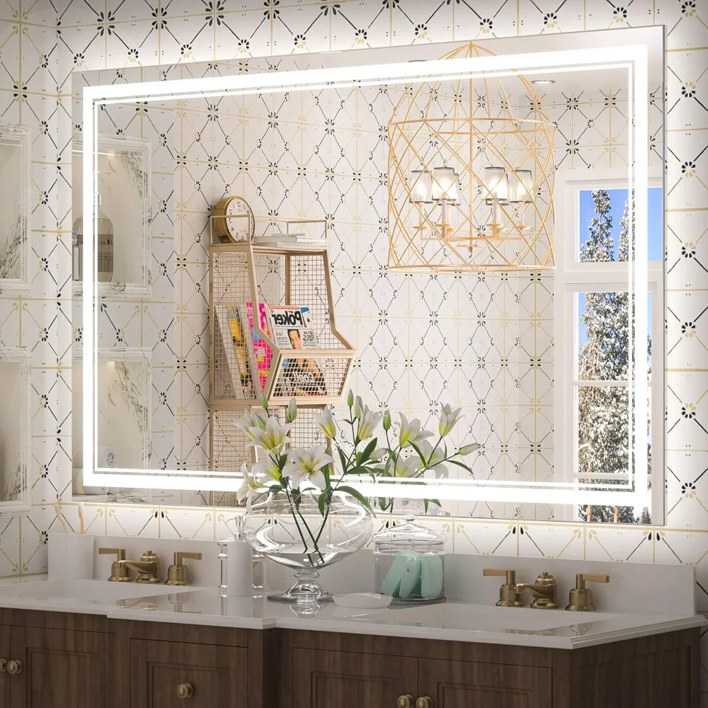 

Keonjinn Bathroom LED Mirror 55" X 36" Front and Back Lights, Large Stepless 3 Colors Temperature & Dimmable Wall Mirror