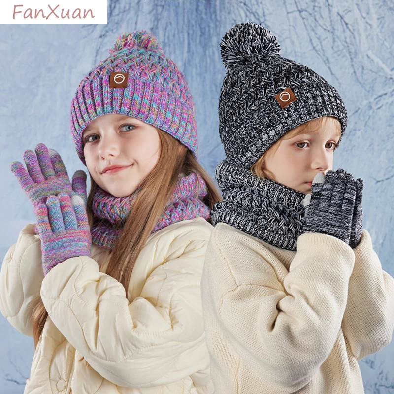 

children 3pcs winter hat snood gloves set thickened fleece-lined plush lining cute pompom knit beanies scarf 4-10Y