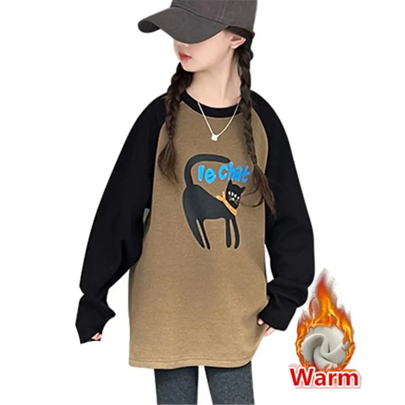 

School Girl Winter Thicken Fleece Lined Sweatshirt with Cat For Kids Warm Insulated Outfit Child Thermal Sweatershirt 5 To 14 Y