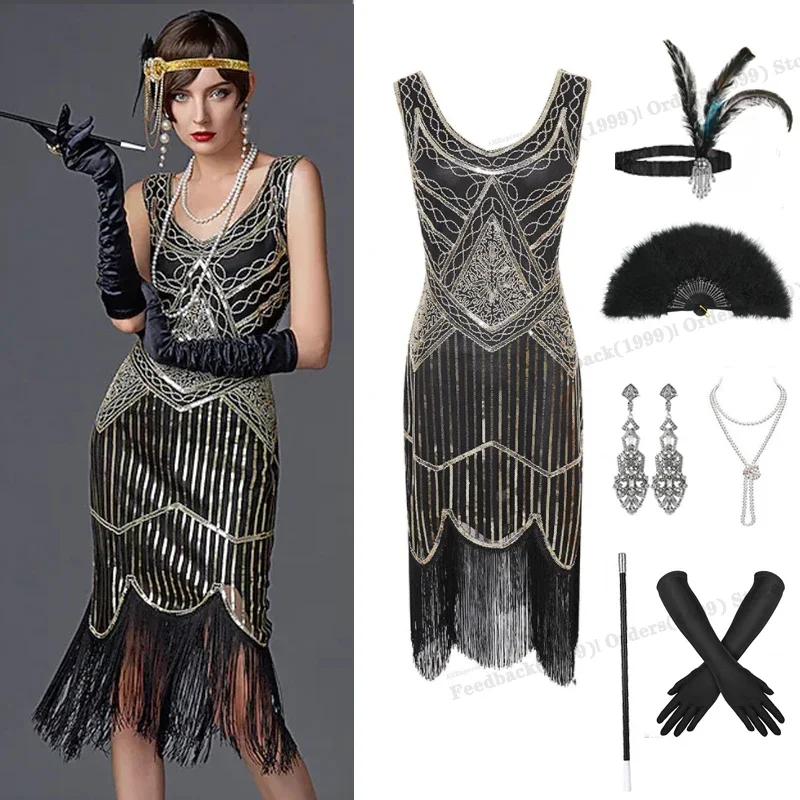 1920s Gatsby Dress 20s Flapper Girl Fancy Retro Sleeveless Sequins Embroidered Tassels Party Dress With Fan Necklace Accessories