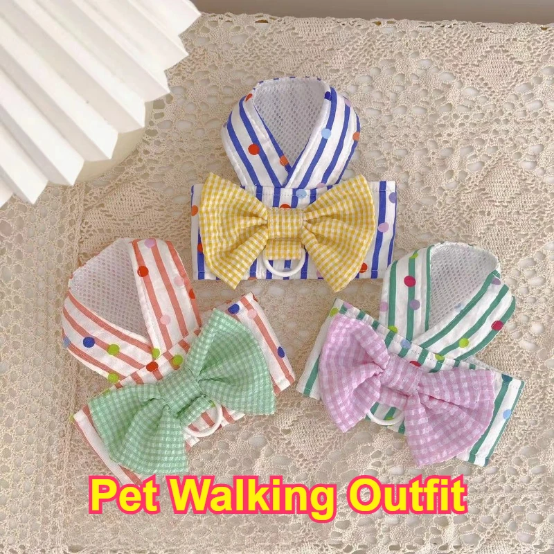 2PCS Patchwork Bow Tie Shaped Pet Dog Harness Collars Accessories Teddy Puppy Going Out Walkies Clothes Toy Dogs Outdoor Suits