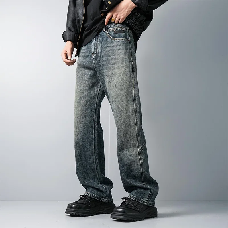

LIBIELIY Four Seasons Men's Washed Vintage Loose Wide Leg Jeans Pants Casual Trendy Solid Color Dark Blue Denim Trousers Male Tr