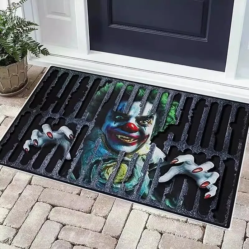 VIKAMA3D Visual Vertigo Carpet Floor Mat Halloween Clown Non-Slip Easy Care Door Mat Foot Mat Manhole Cover Scary Grimace