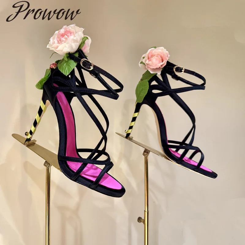 

Women's Cross-Strap Flower Luxury Sandals Open-Toe Ankle Straps Crystal Embellishment Niche Contrasting Color Design Elegant New