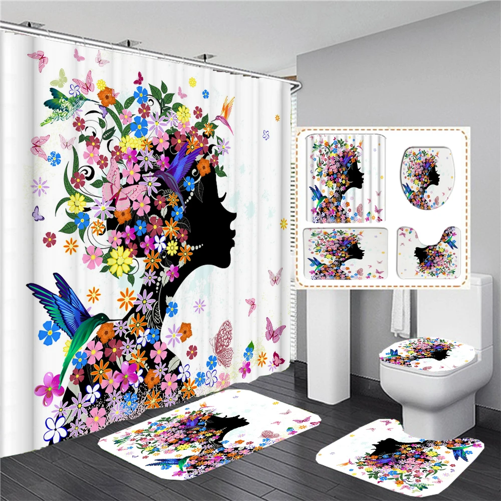 

Fantasy Shower Curtain Set Little Pixie Elf Girl Butterfly Wing Bathroom Curtains Rugs Toilet Lid Cover Bath Mat Bathroom Set