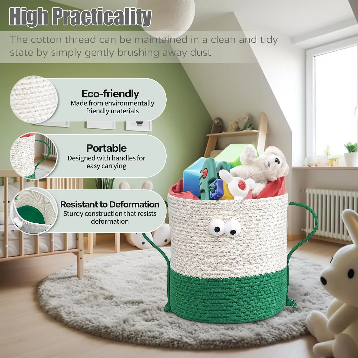 Cartoon Woven Storage Basket with Lid Circular Cute Animal Toys Organizers with Handle Cotton Rope Desktop Snack Clothes Storage