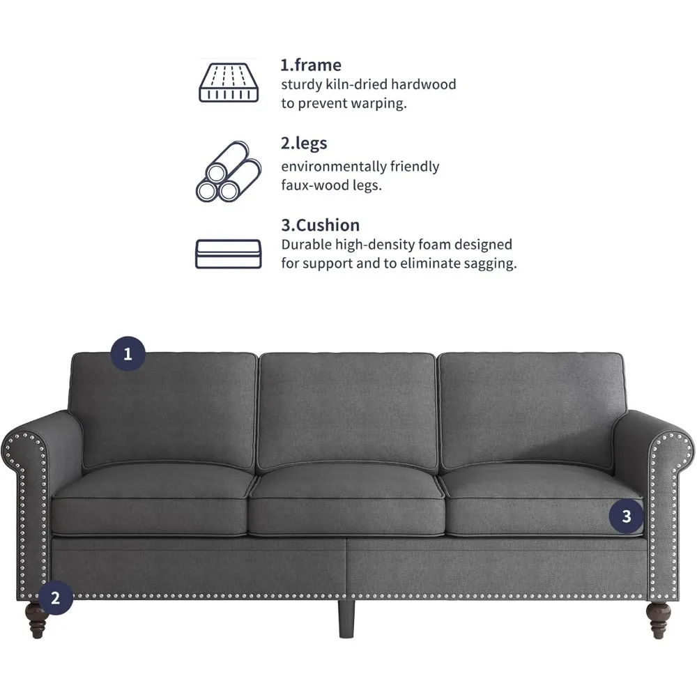 Современный секционный диван из 2 предметов с льняной обивкой и 5 толстыми подушками, отделкой гвоздями, мебель для гостиной, удобные сиденья