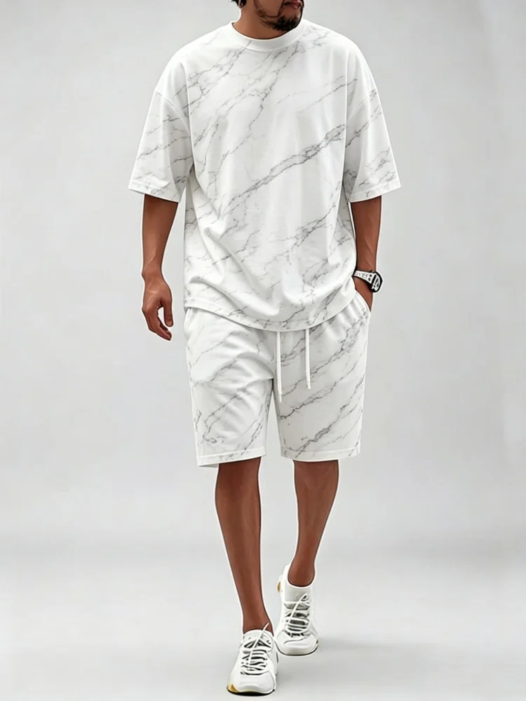 Men Loose Fit Marble Vein Graphic Summer Tracksuit Minimal Luxury Streetwear Loungewear Short Matching Set