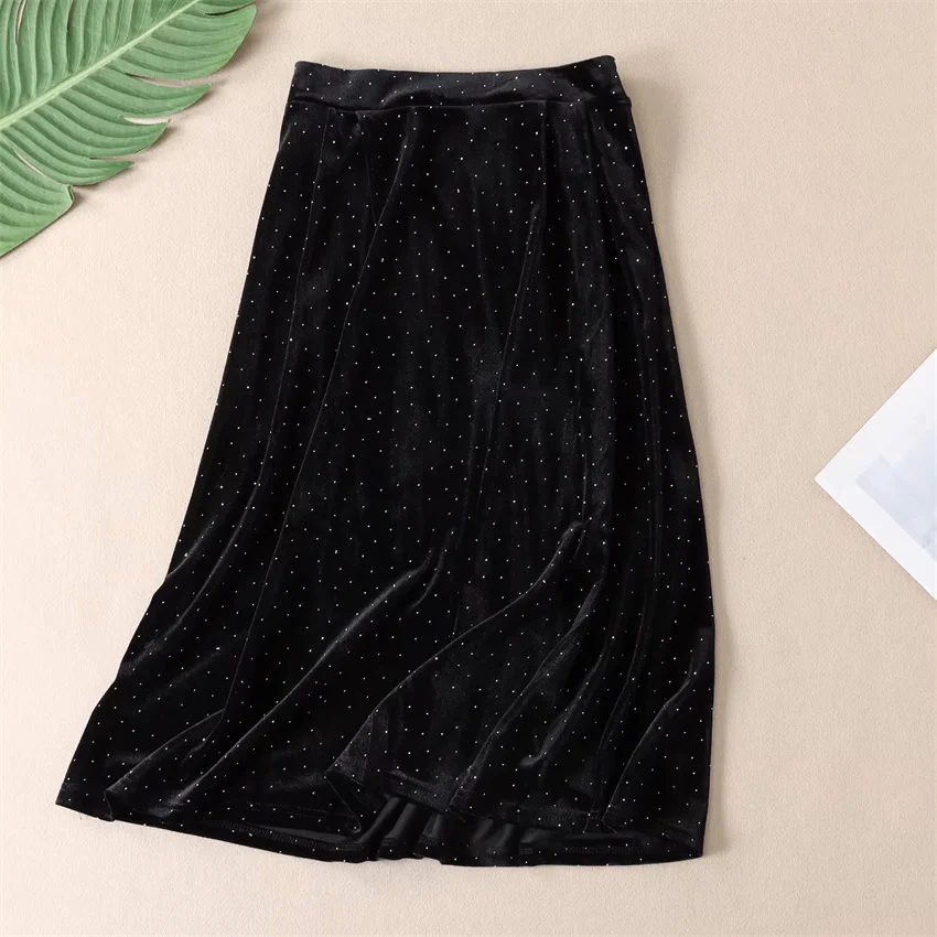 Gowyimmes New Big Size Vintage Fashion Women Midi-Long Gold Velvet Skirt Slim Lady Black A-line Pleated Skirts Bottomings PD1857