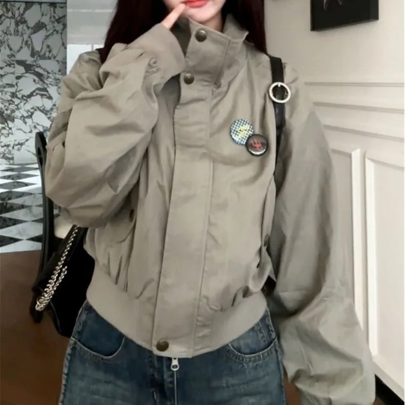 American Retro Short Flight Jacket Women's Spring Autumn New High Waist Loose Stand Collar Baseball Coats Girls Cool Streetwear