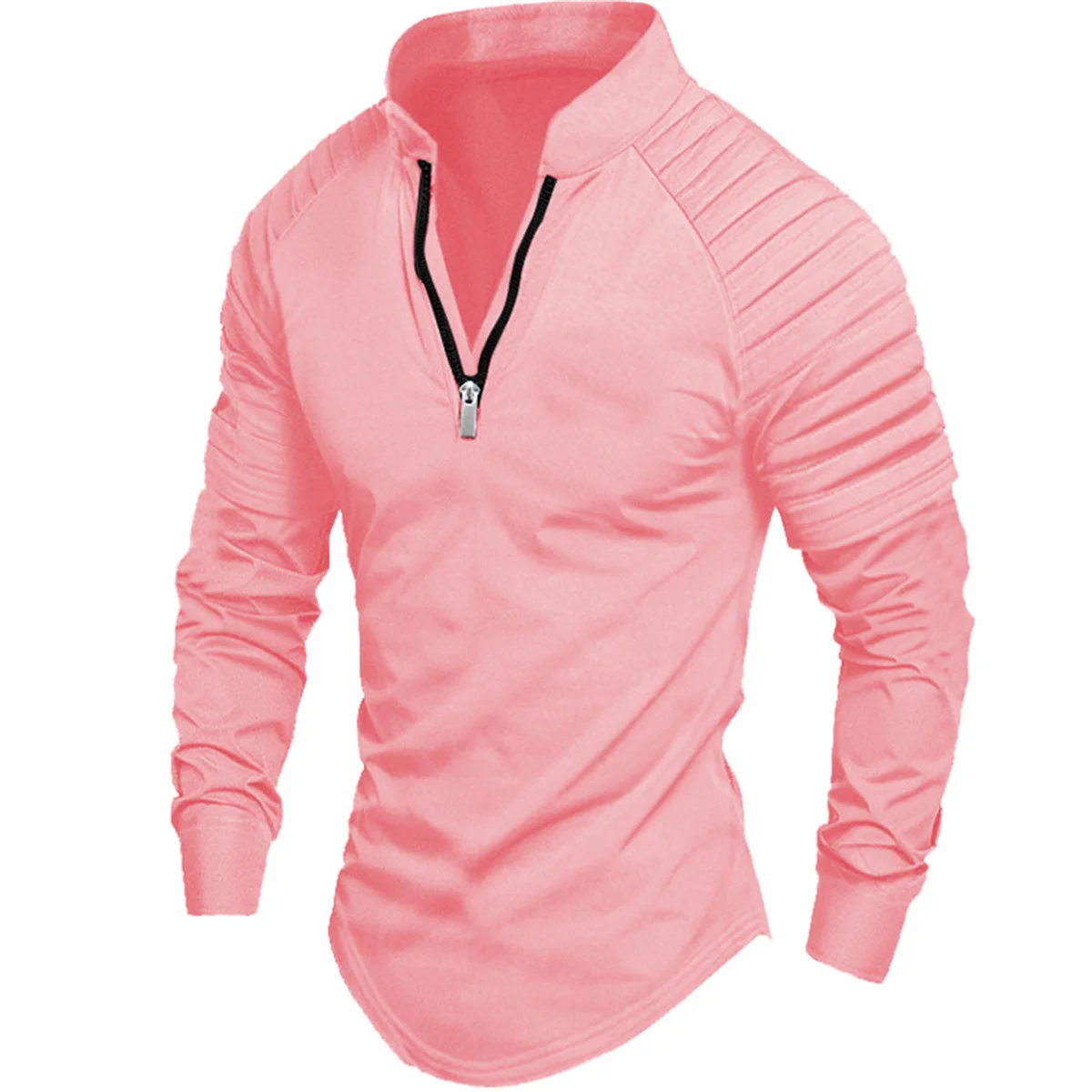 Camisa POLO de manga larga para hombre, estilo callejero, Color sólido, con cremallera, diseño de arrugas en el brazo, deportes musculares,