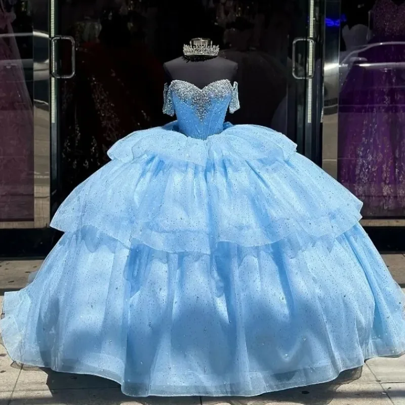 ANGELSBRIDEP Shiny Sky Blue Mexico Quinceanera Dresses Bow Ball Gown Beaded Crystal Tull Tiered Corset Sweet 16 Dress Customized