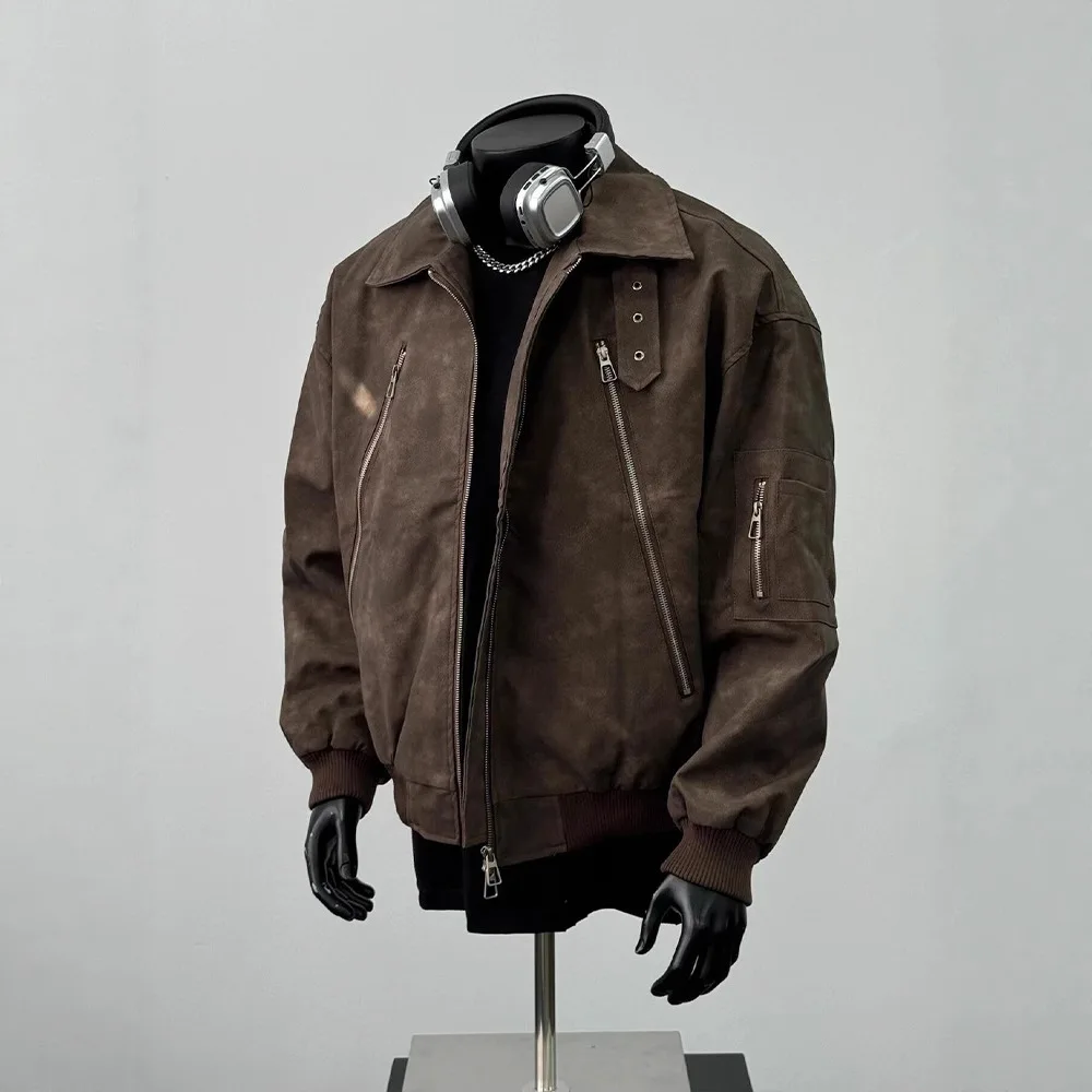 Man Motorcycle Jacket 2025 Autumn Winter Men's Maillard Brown Leather Jacket Trendy Lapel Short Zip Up Retro Pilot Outerwear
