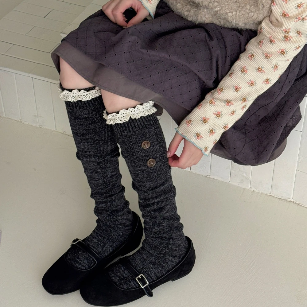 Autumn Vintage Brown Lace Edge Button Over Knee Socks Ins Japanese Simple Women Thigh High Socks Outdoor Daily Warm Long Socks