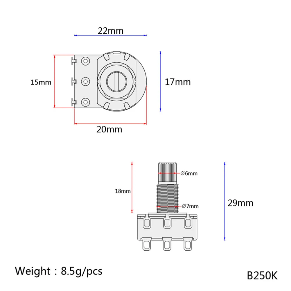 B250k Audio Taper Dual Potentiometer Split Shaft Easy Install Guitar Volume Tone Control Replacement Sturdy Guitar Potentiometer