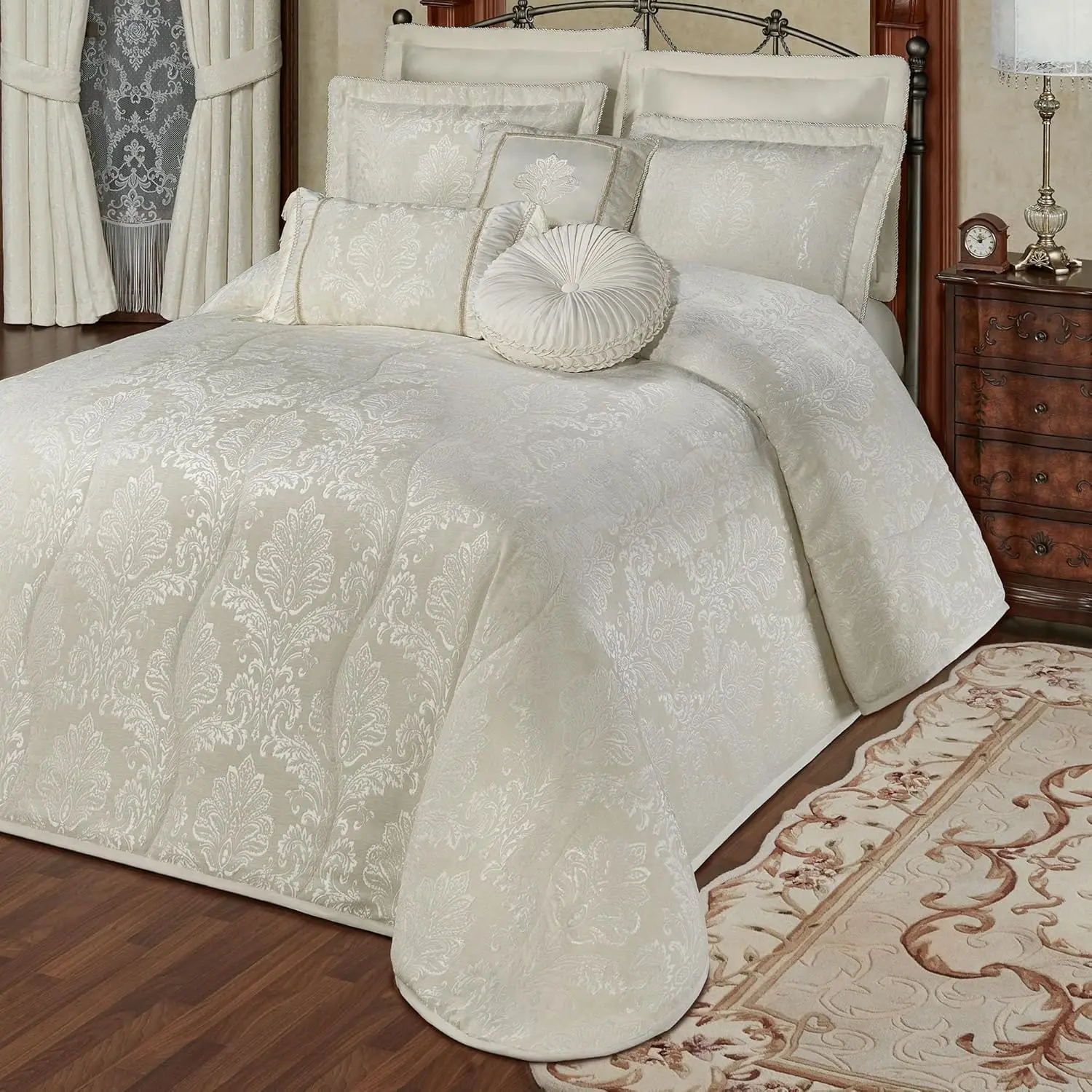 Touch Of Class Camelot Luxury Bedding | Neutral Soothing Ivory | Matte Satin Damask On Richly Textured Jacquard-Woven Chenille