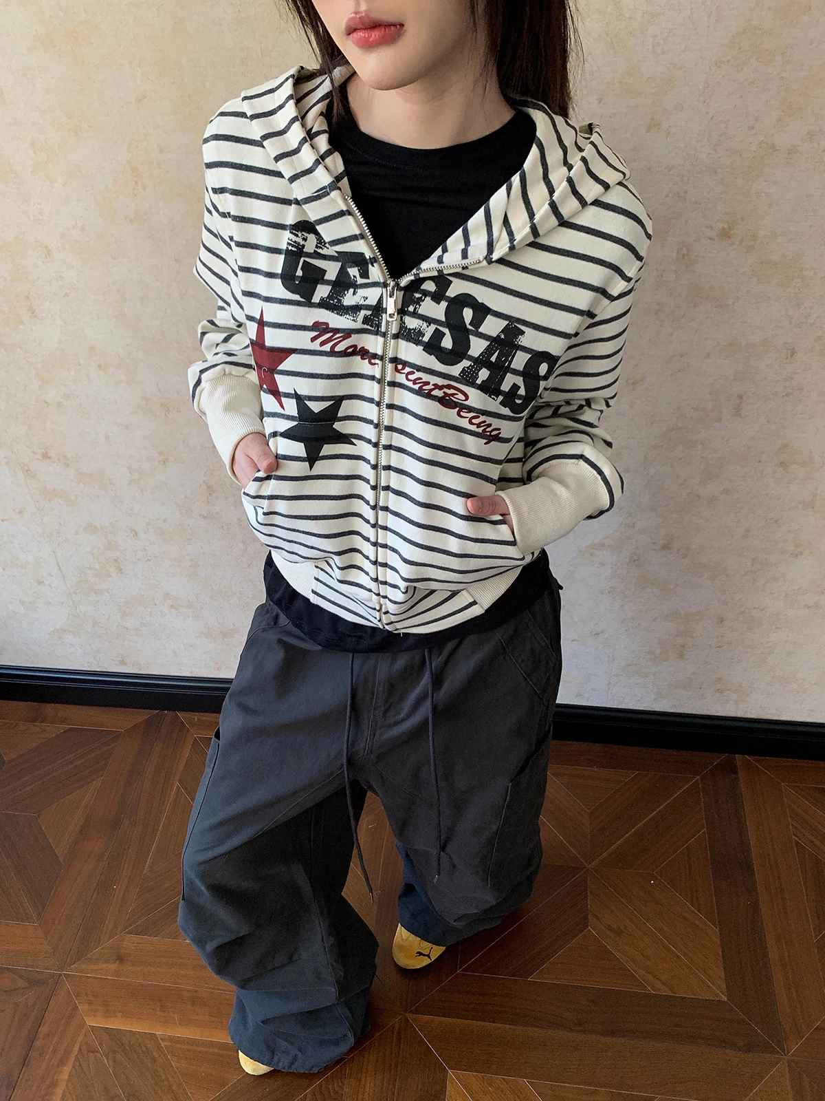 

Женская молодежная толстовка-кардиган Aket American Lazy Sle с буквенным принтом и полосками, дышащая, из хлопка, с длинными рукавами, на молнии