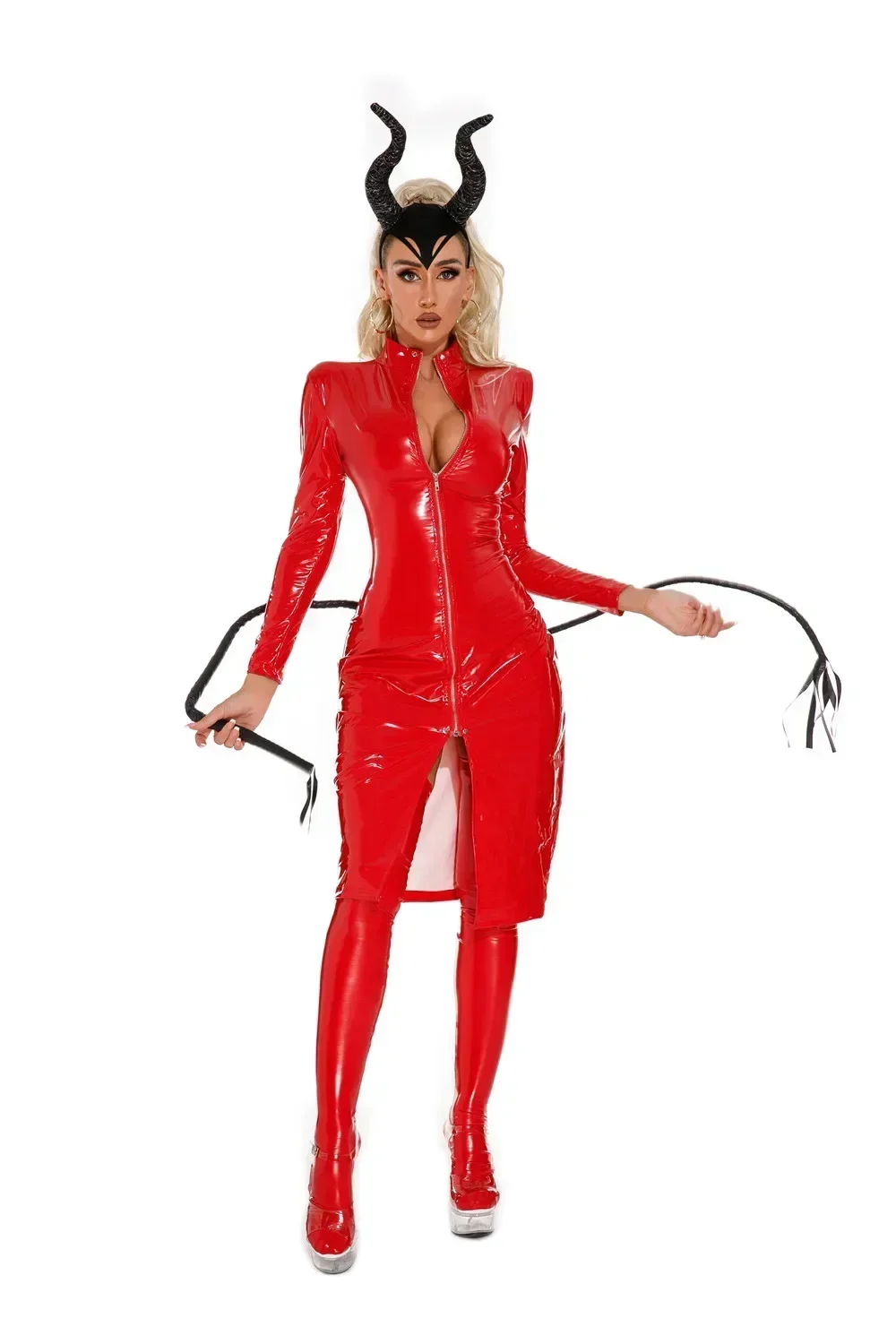 Frauen Halloween Dämon Hexe Ochsen horn böse Königin Cosplay Kostüm sexy Pu Kunstleder Lang mantel Kleid für Clubwear