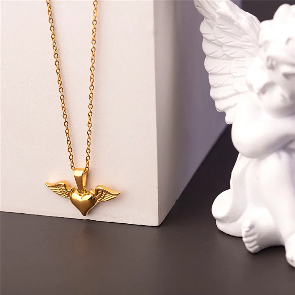 316L Stainless Steel Angel Wing Heart Pendant Necklace Clavicle Chain Choker For Women Birthday Gift Collar Para Mujer