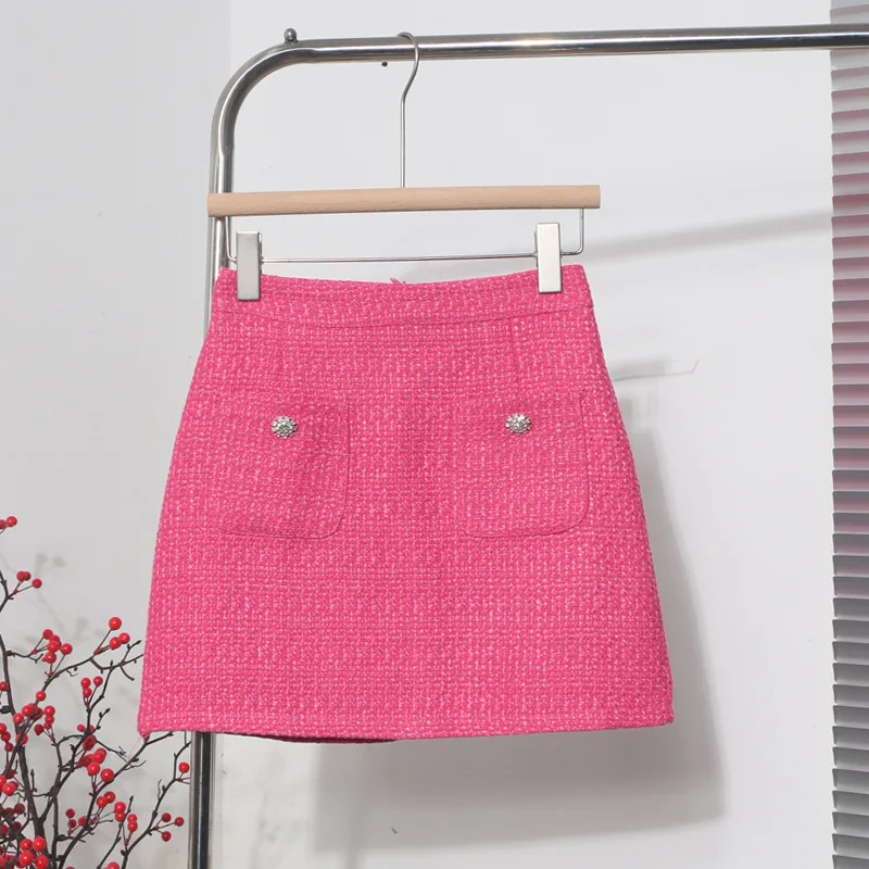 Temperament Elegant Rose Red Tweed Short Skirt Female Spring 2026 High Waist Pockets A-line Woolen Mini Skirts Women